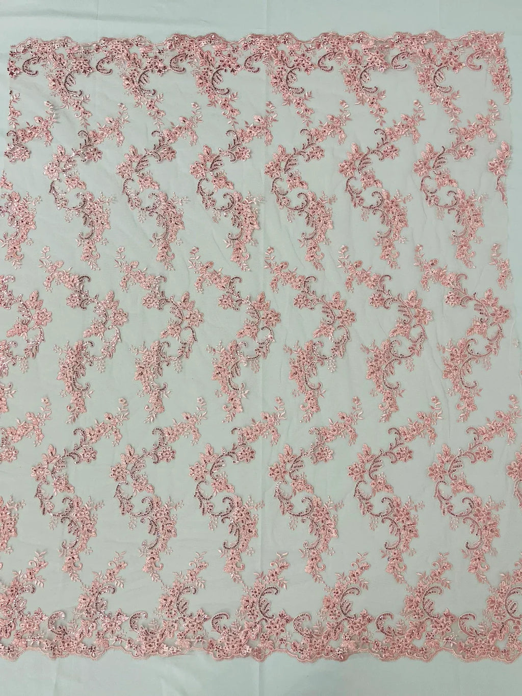 Floral Lace Fabric - Pink - Embroidered Flower Clusters with Sequins on a Mesh Lace By Yard