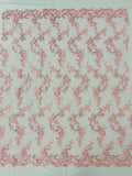 Floral Lace Fabric - Pink - Embroidered Flower Clusters with Sequins on a Mesh Lace By Yard