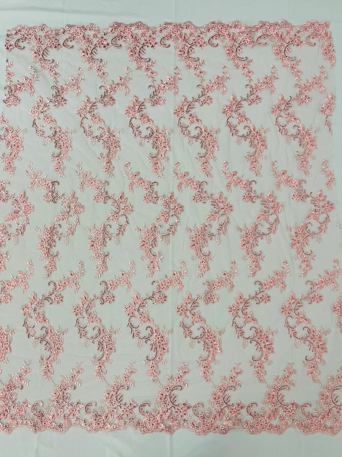 Floral Lace Fabric - Pink - Embroidered Flower Clusters with Sequins on a Mesh Lace By Yard