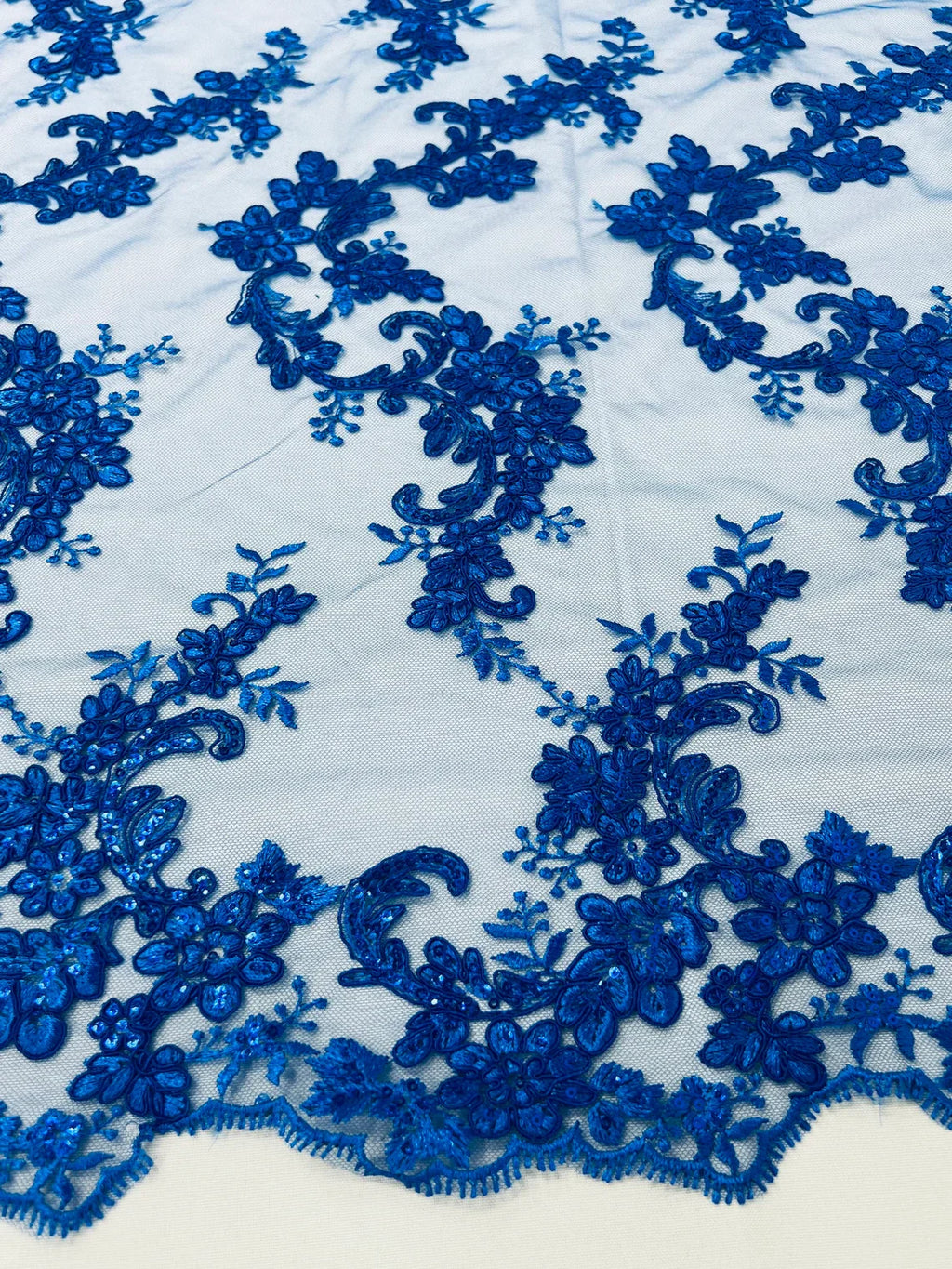 Floral Lace Fabric - Royal Blue - Embroidered Flower Clusters with Sequins on a Mesh Lace By Yard