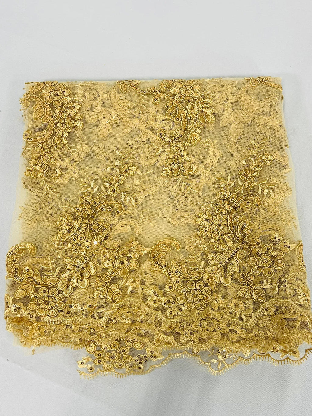 Floral Lace Fabric - Gold - Embroidered Flower Clusters with Sequins on a Mesh Lace By Yard