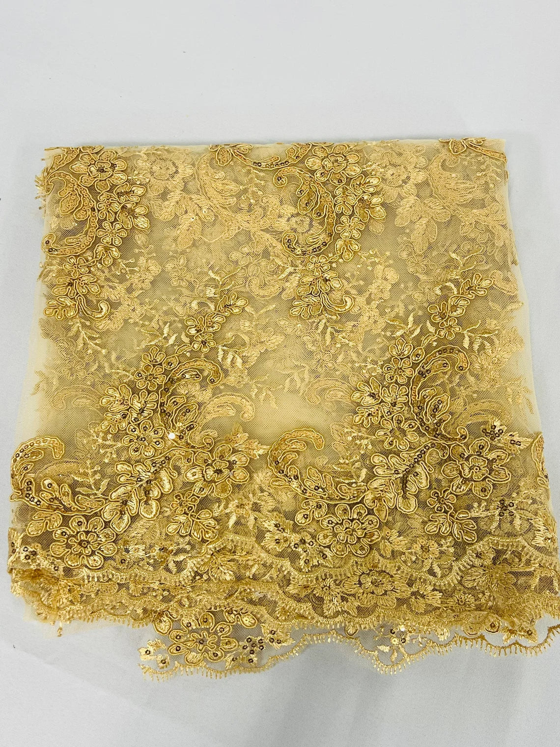 Floral Lace Fabric - Gold - Embroidered Flower Clusters with Sequins on a Mesh Lace By Yard