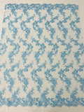 Floral Lace Fabric - Baby Blue - Embroidered Flower Clusters with Sequins on a Mesh Lace By Yard