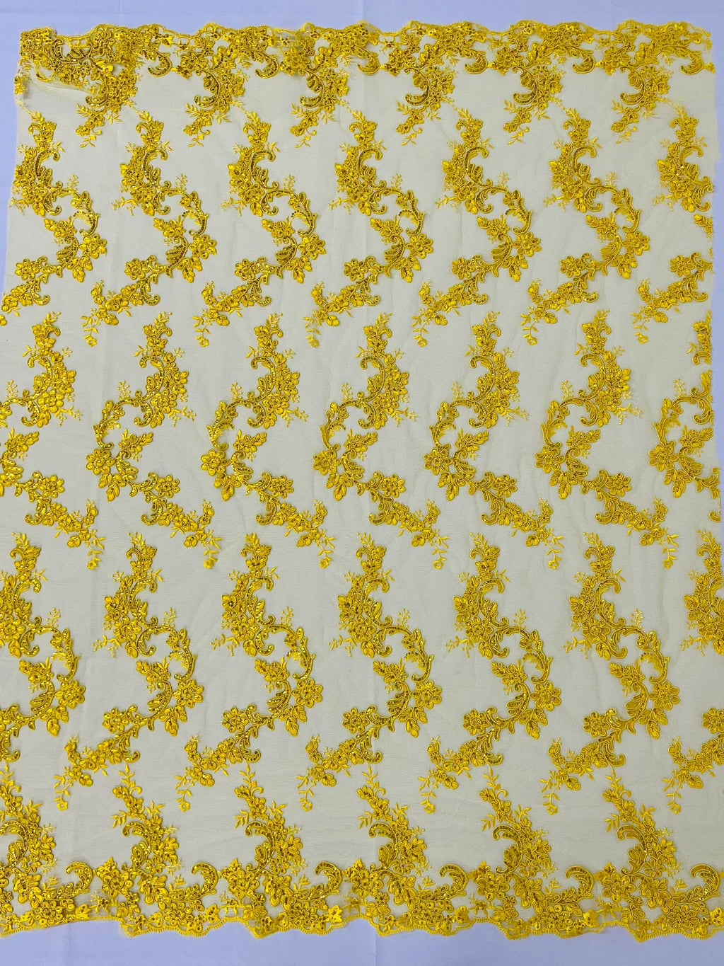 Floral Lace Fabric - Yellow - Embroidered Flower Clusters with Sequins on a Mesh Lace By Yard
