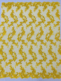 Floral Lace Fabric - Yellow - Embroidered Flower Clusters with Sequins on a Mesh Lace By Yard