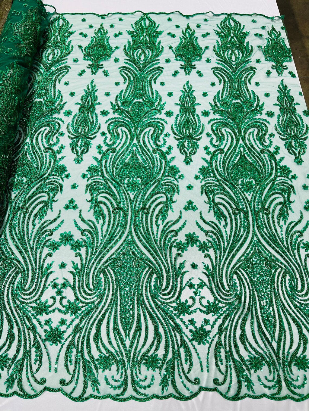Luxury Bead Design - Emerald Green - Floral Fabric Embroidered w/ Pearls-Beads on Mesh Lace By Yard