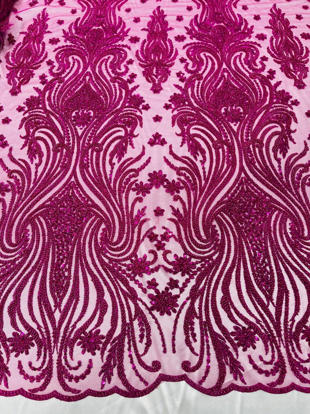 Luxury Bead Design - Magenta - Floral Fabric Embroidered w/ Pearls-Beads on Mesh Lace By Yard