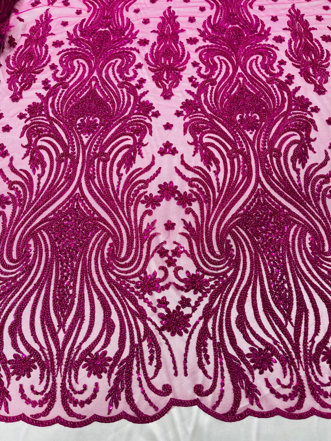 Luxury Bead Design - Magenta - Floral Fabric Embroidered w/ Pearls-Beads on Mesh Lace By Yard