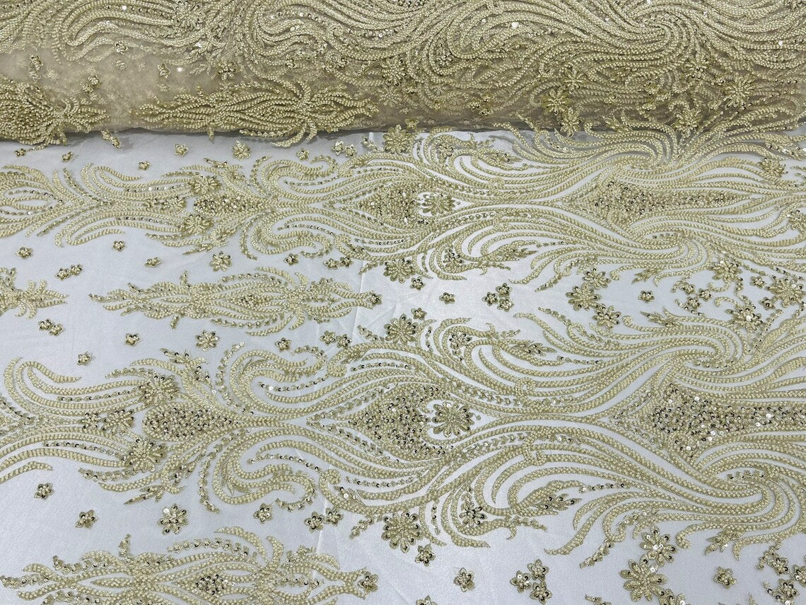 Luxury Bead Design - Beige - Floral Fabric Embroidered w/ Pearls-Beads on Mesh Lace By Yard