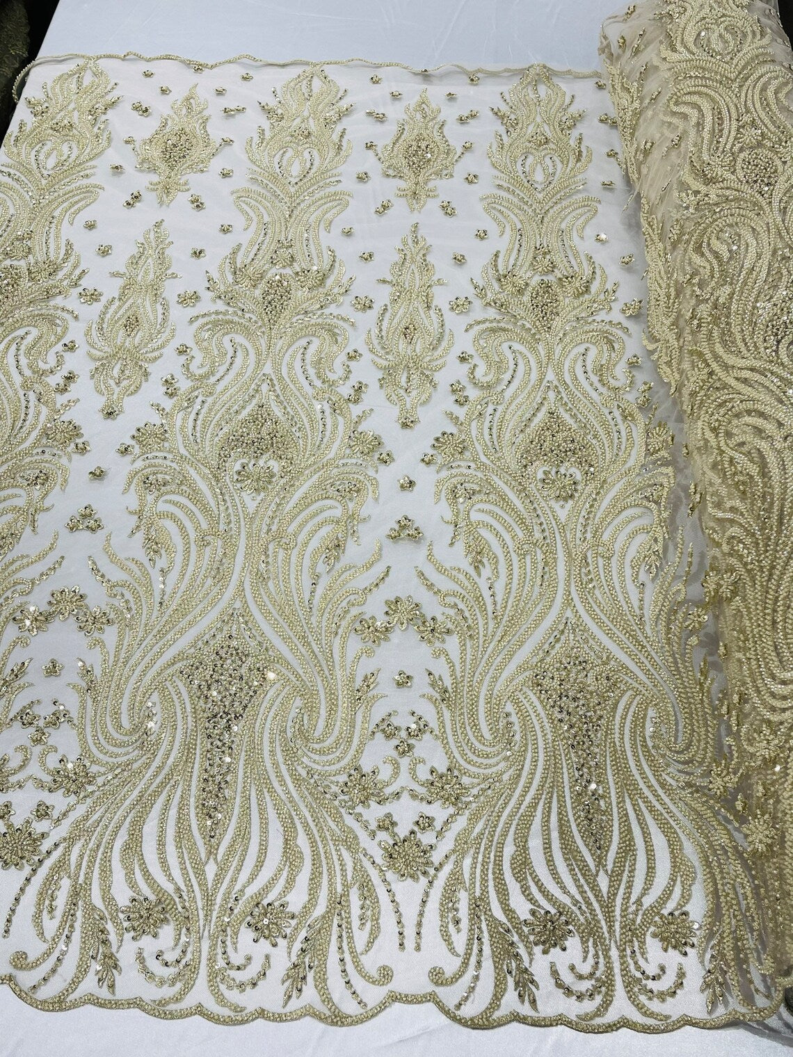 Luxury Bead Design - Beige - Floral Fabric Embroidered w/ Pearls-Beads on Mesh Lace By Yard