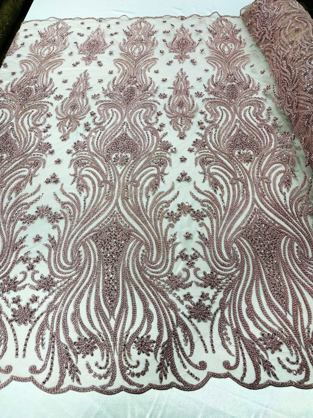 Luxury Bead Design - Rose - Floral Fabric Embroidered w/ Pearls-Beads on Mesh Lace By Yard