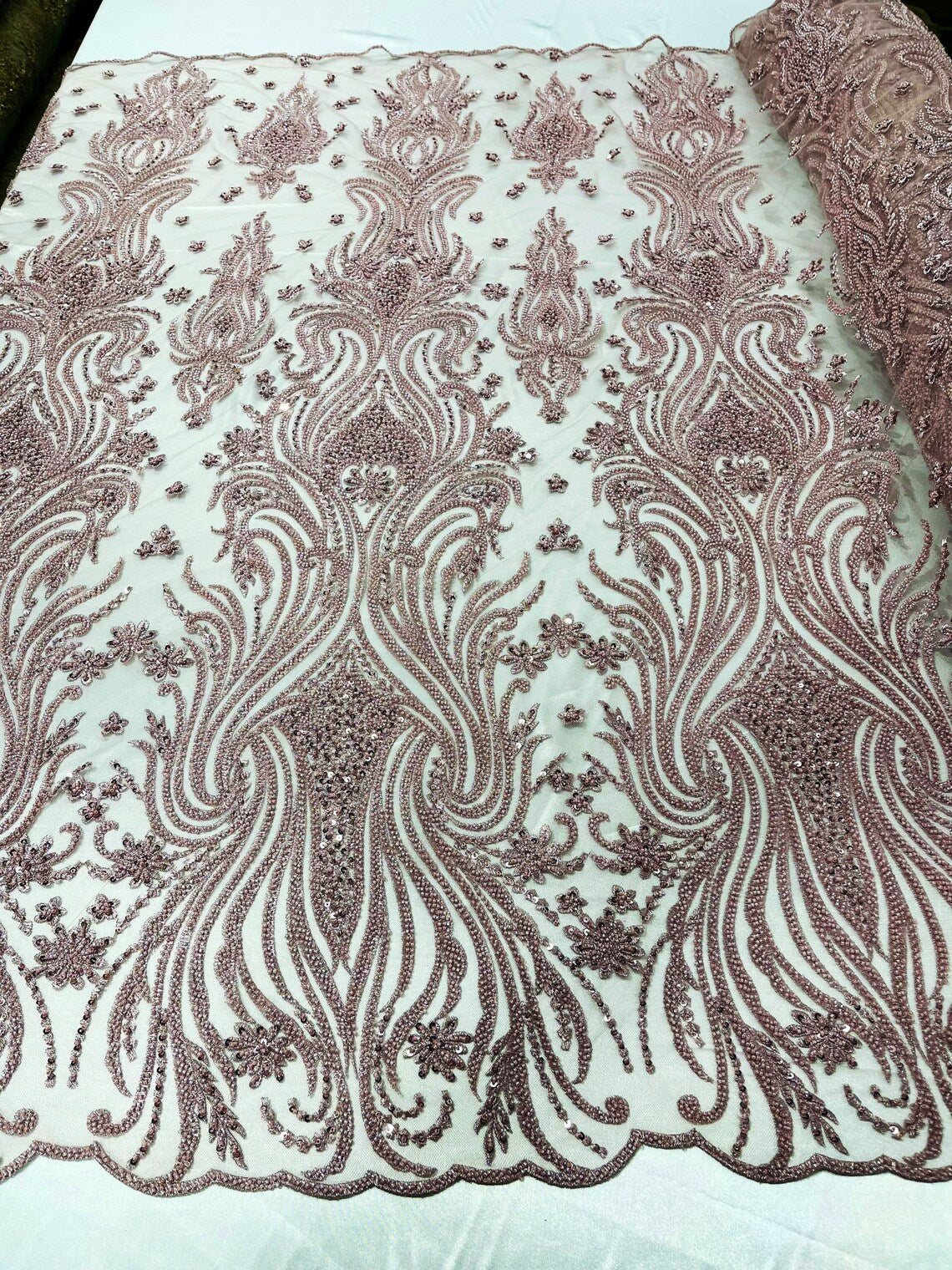 Luxury Bead Design - Rose - Floral Fabric Embroidered w/ Pearls-Beads on Mesh Lace By Yard