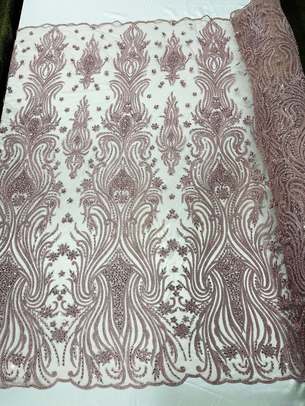 Luxury Bead Design - Rose - Floral Fabric Embroidered w/ Pearls-Beads on Mesh Lace By Yard