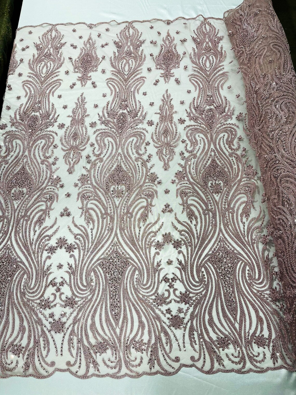 Luxury Bead Design - Rose - Floral Fabric Embroidered w/ Pearls-Beads on Mesh Lace By Yard
