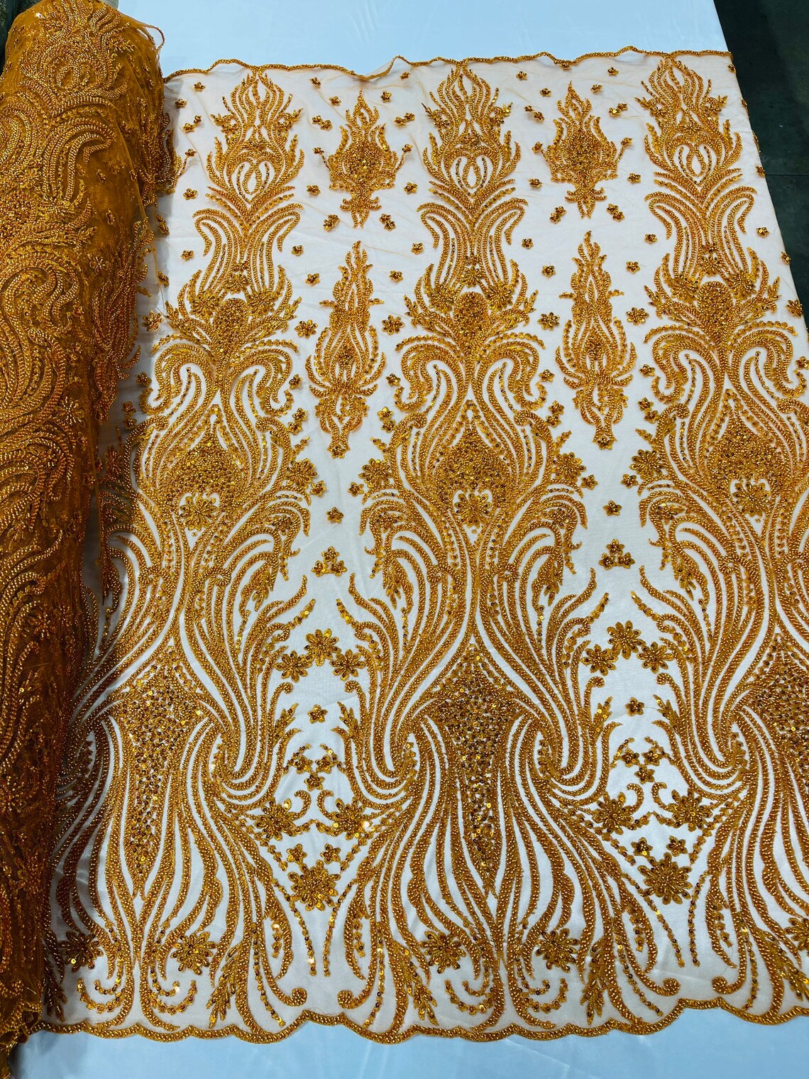 Luxury Bead Design - Copper/Orange - Floral Fabric Embroidered w/ Pearls-Beads on Mesh Lace By Yard