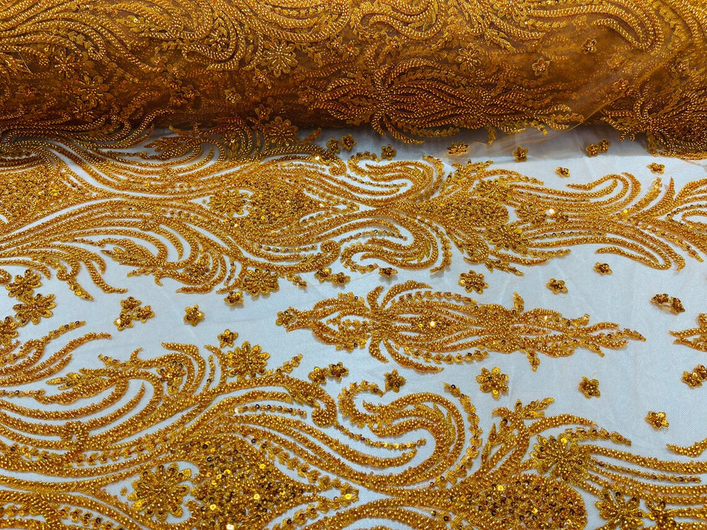 Luxury Bead Design - Copper/Orange - Floral Fabric Embroidered w/ Pearls-Beads on Mesh Lace By Yard