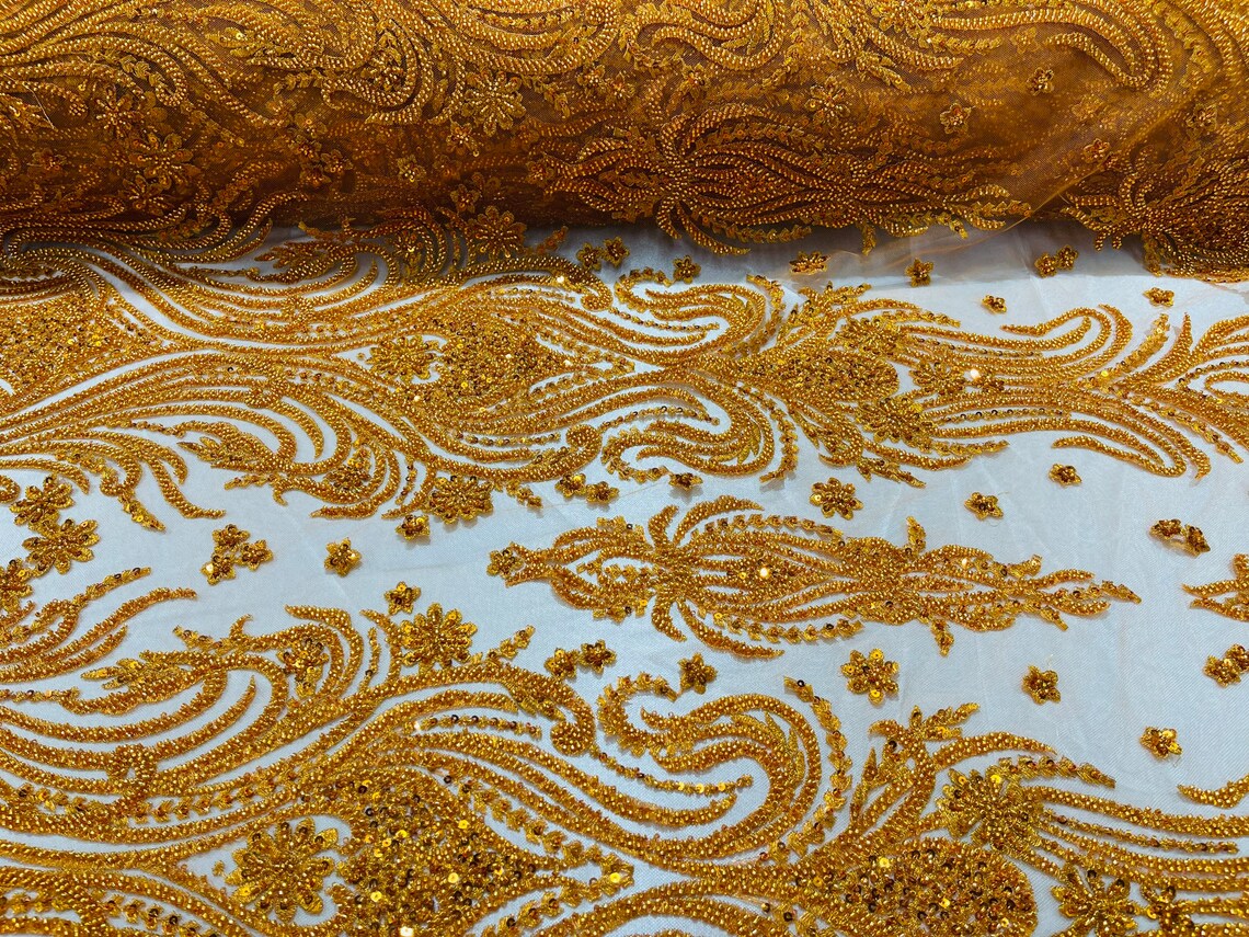 Luxury Bead Design - Copper/Orange - Floral Fabric Embroidered w/ Pearls-Beads on Mesh Lace By Yard