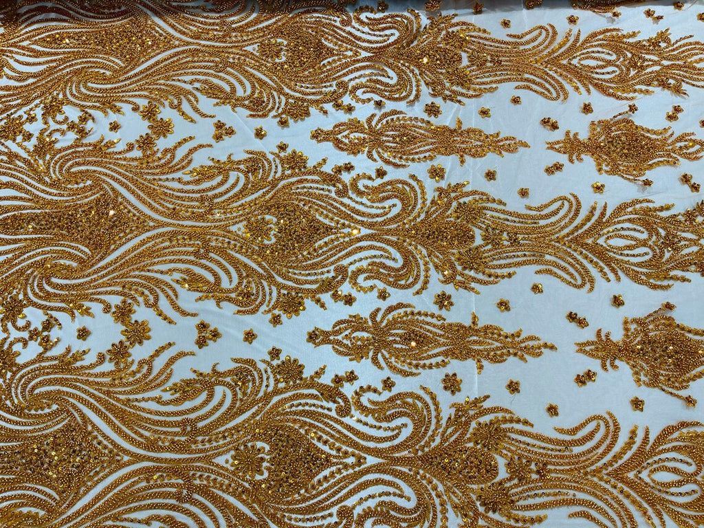 Luxury Bead Design - Copper/Orange - Floral Fabric Embroidered w/ Pearls-Beads on Mesh Lace By Yard