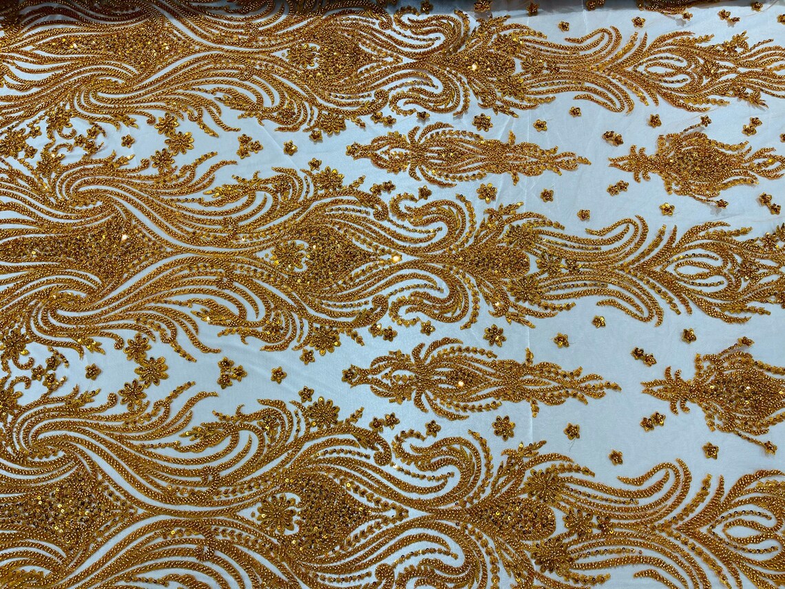 Luxury Bead Design - Copper/Orange - Floral Fabric Embroidered w/ Pearls-Beads on Mesh Lace By Yard