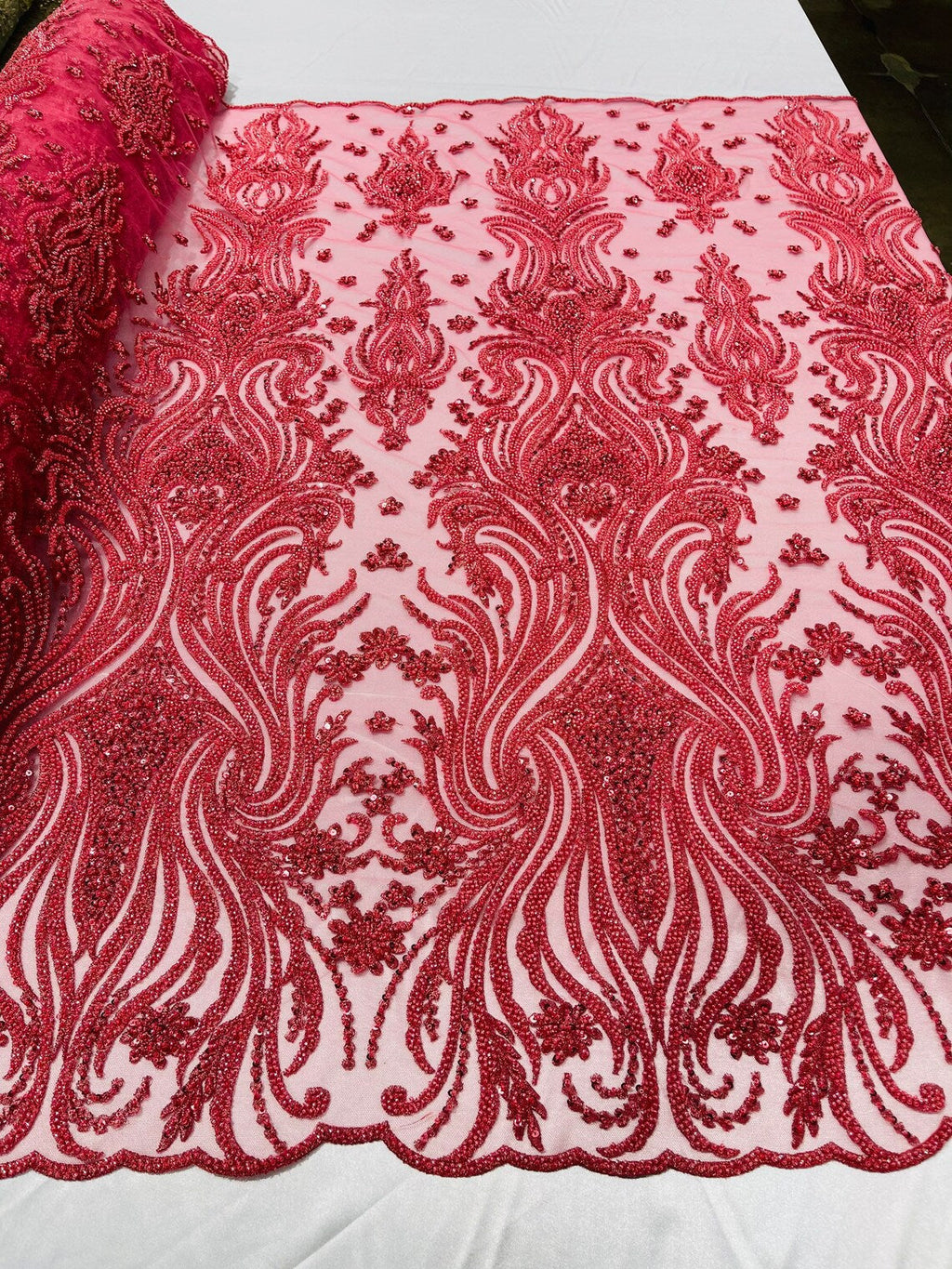 Luxury Bead Design - Coral - Floral Fabric Embroidered w/ Pearls-Beads on Mesh Lace By Yard
