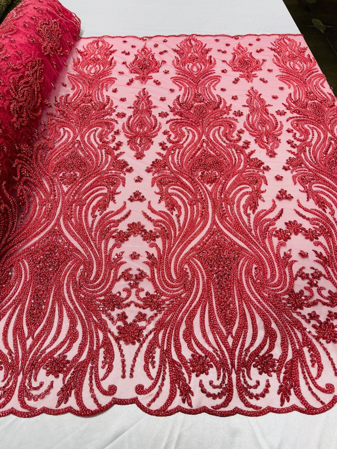 Luxury Bead Design - Coral - Floral Fabric Embroidered w/ Pearls-Beads on Mesh Lace By Yard