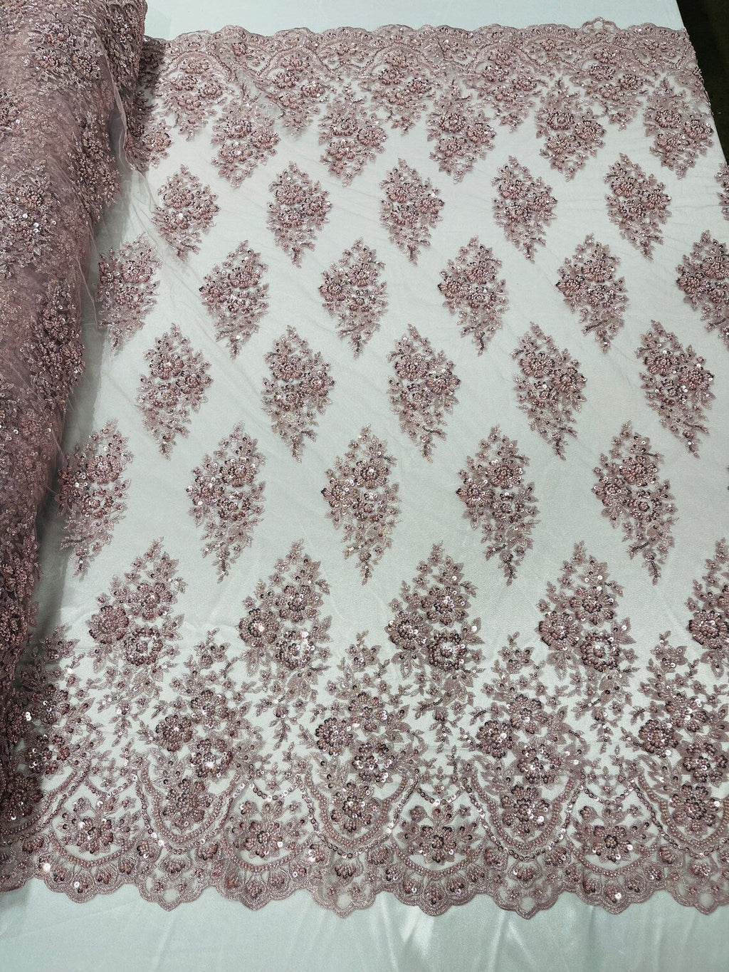 Floral Cluster Bead Fabric - Rose - Sold By The Yard - Embroidered Flower Beaded Fabric