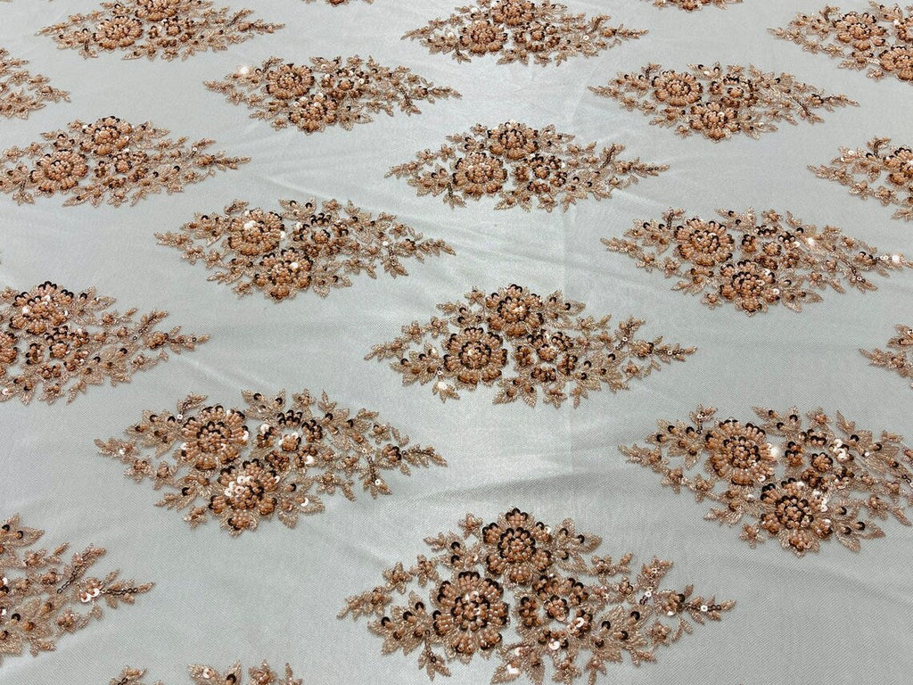 Floral Cluster Bead Fabric - Blush Peach - Sold By The Yard - Embroidered Flower Beaded Fabric