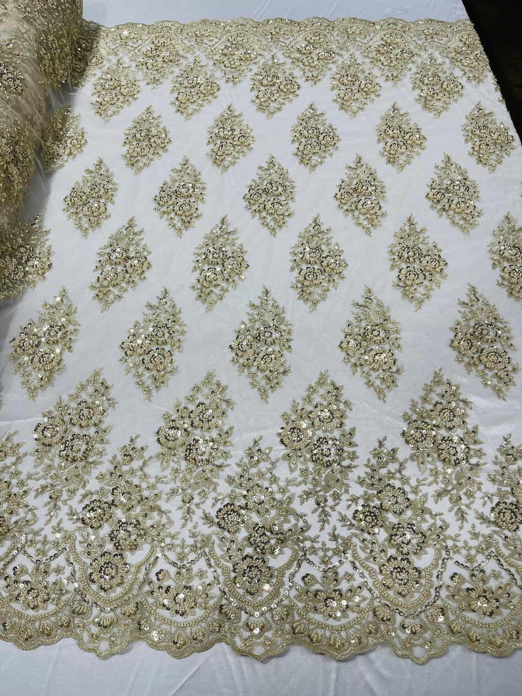 Floral Cluster Bead Fabric - Beige - Sold By The Yard - Embroidered Flower Beaded Fabric