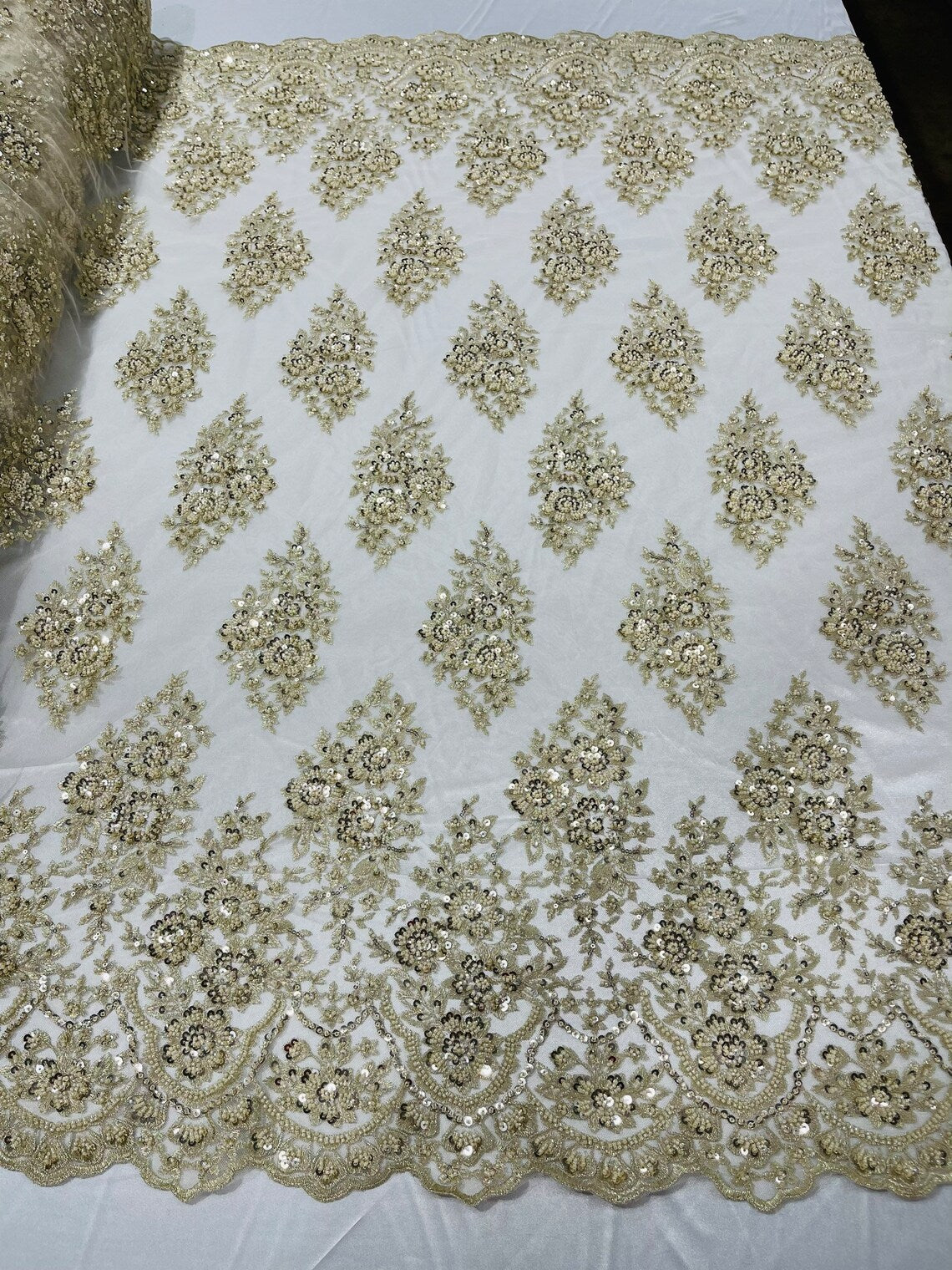 Floral Cluster Bead Fabric - Beige - Sold By The Yard - Embroidered Flower Beaded Fabric