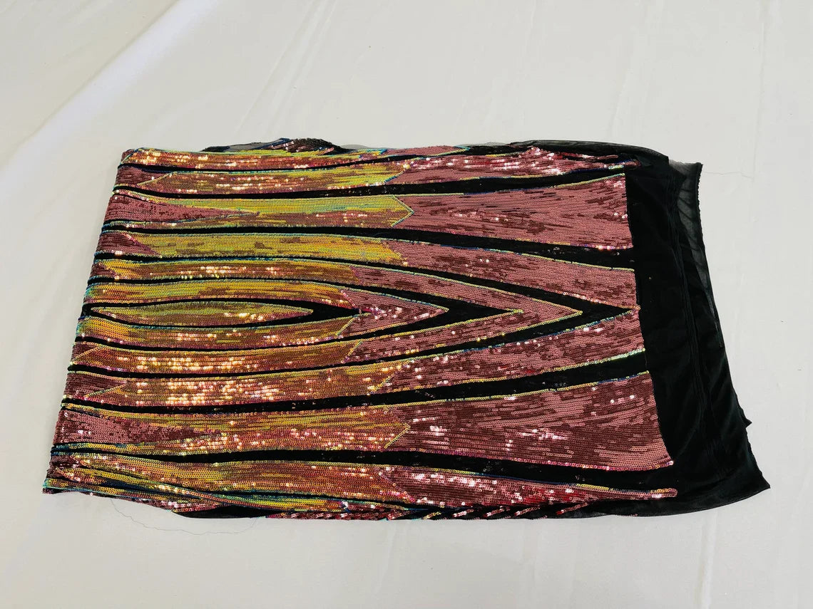 Geometric Long Oval Design - Matte Navy - Geometric Sequins Design on Mesh By Yard