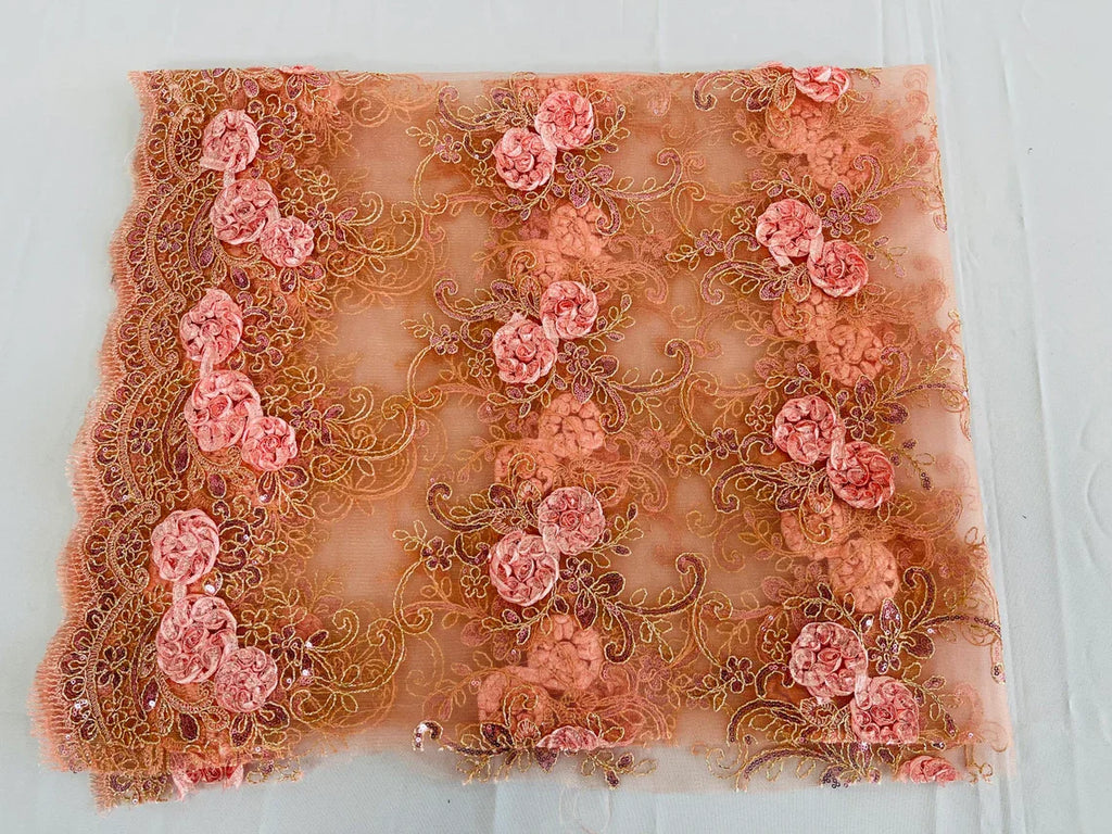 Flower Lace Fabric - Coral Pink - Embroidered Flower With Sequins on a Mesh Lace Fabric By Yard