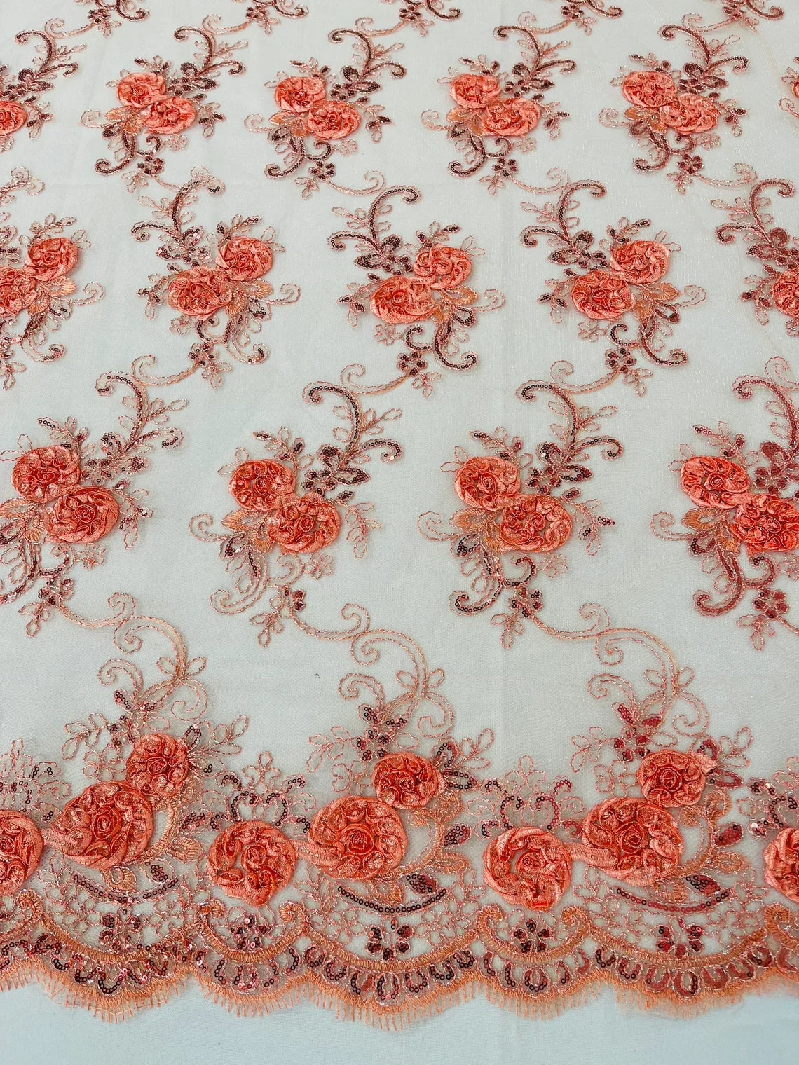 Flower Lace Fabric - Coral Peach - Embroidered Roses With Sequins on a Mesh Lace Fabric By Yard