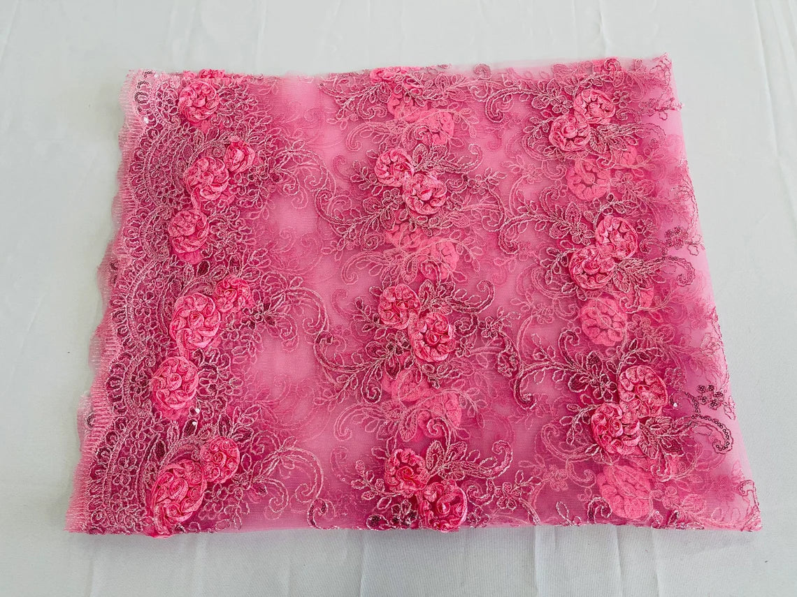 Flower Lace Fabric - Candy Pink - Embroidered Flower With Sequins on a Mesh Lace Fabric By Yard