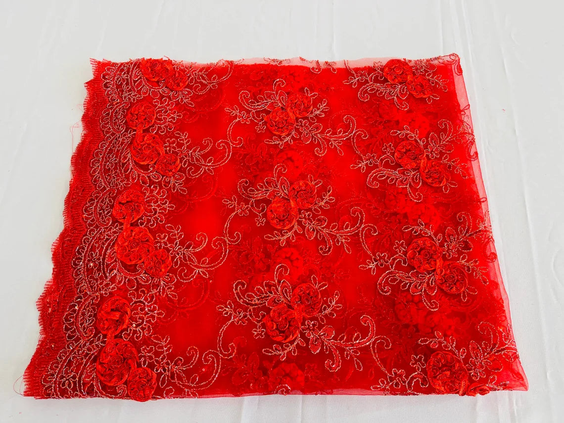 Flower Lace Fabric - Red - Embroidered Roses With Sequins on a Mesh Lace Fabric By Yard