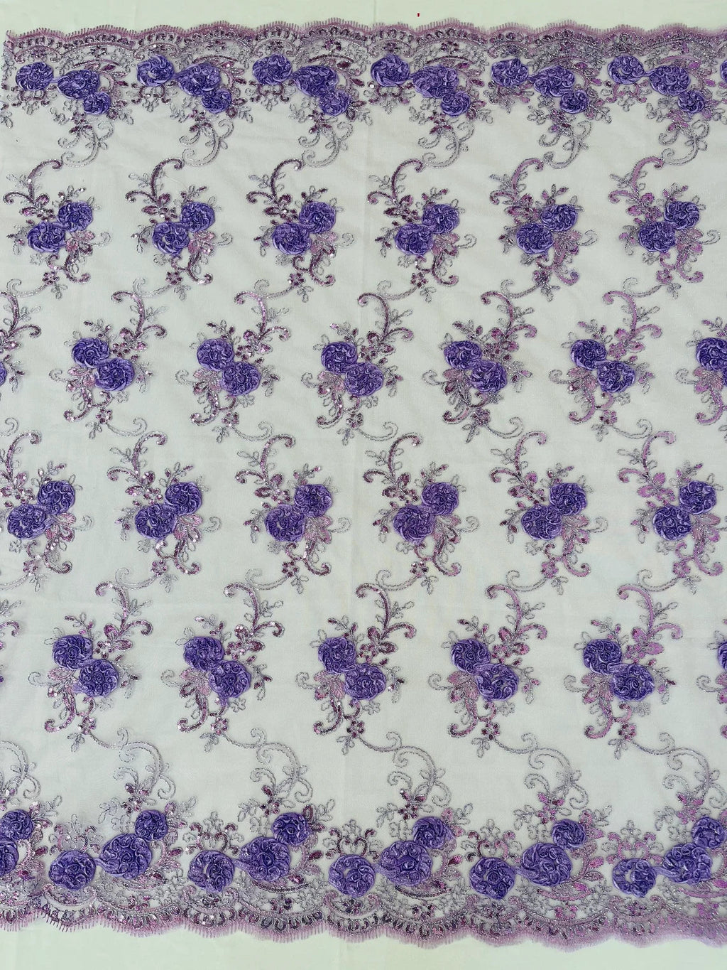 Flower Lace Fabric - Lilac - Embroidered Roses With Sequins on a Mesh Lace Fabric By Yard