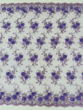 Flower Lace Fabric - Lilac - Embroidered Roses With Sequins on a Mesh Lace Fabric By Yard