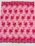 Flower Lace Fabric - Fuschia - Embroidered Flower With Sequins on a Mesh Lace Fabric By Yard