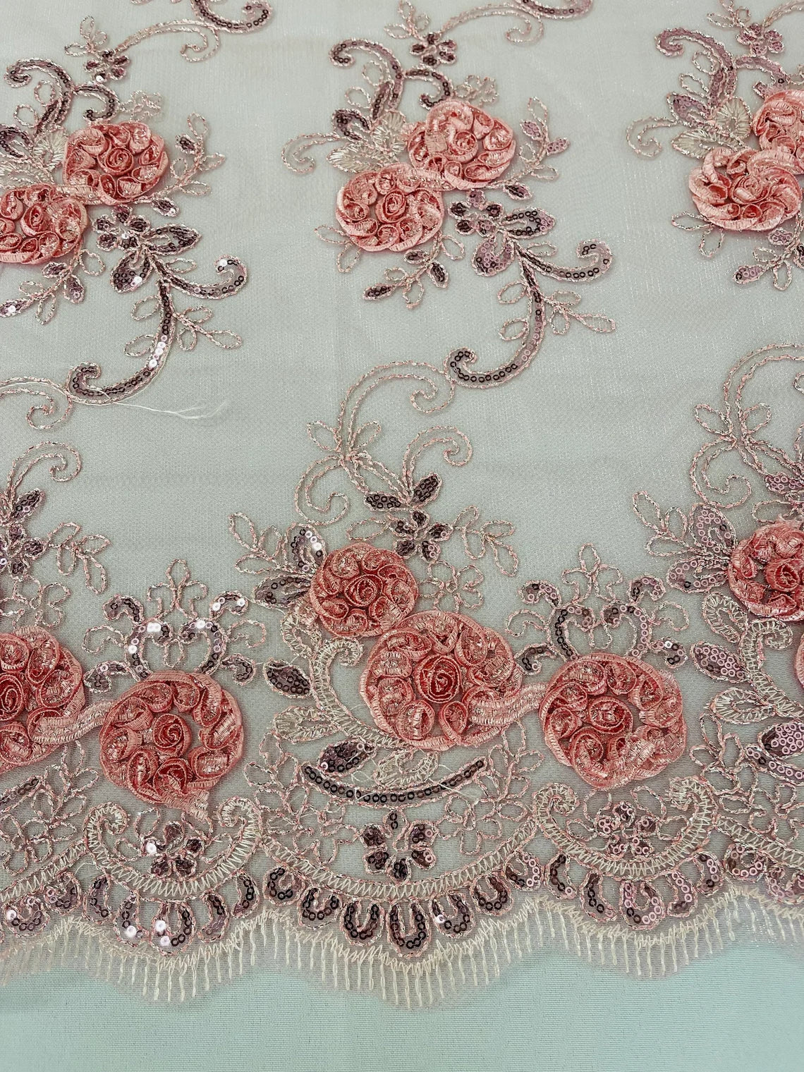 Flower Lace Fabric - Rose - Embroidered Flower With Sequins on a Mesh Lace Fabric By Yard