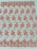 Flower Lace Fabric - Rose - Embroidered Flower With Sequins on a Mesh Lace Fabric By Yard