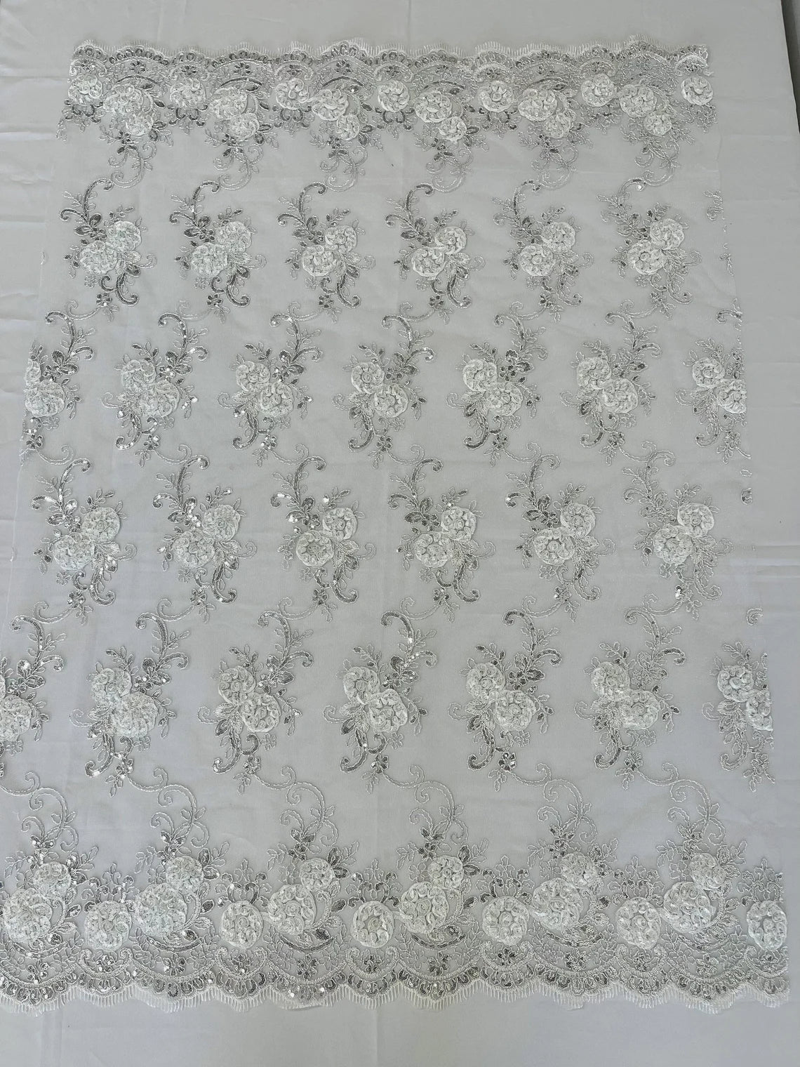 Flower Lace Fabric - White - Embroidered Roses With Sequins on a Mesh Lace Fabric By Yard