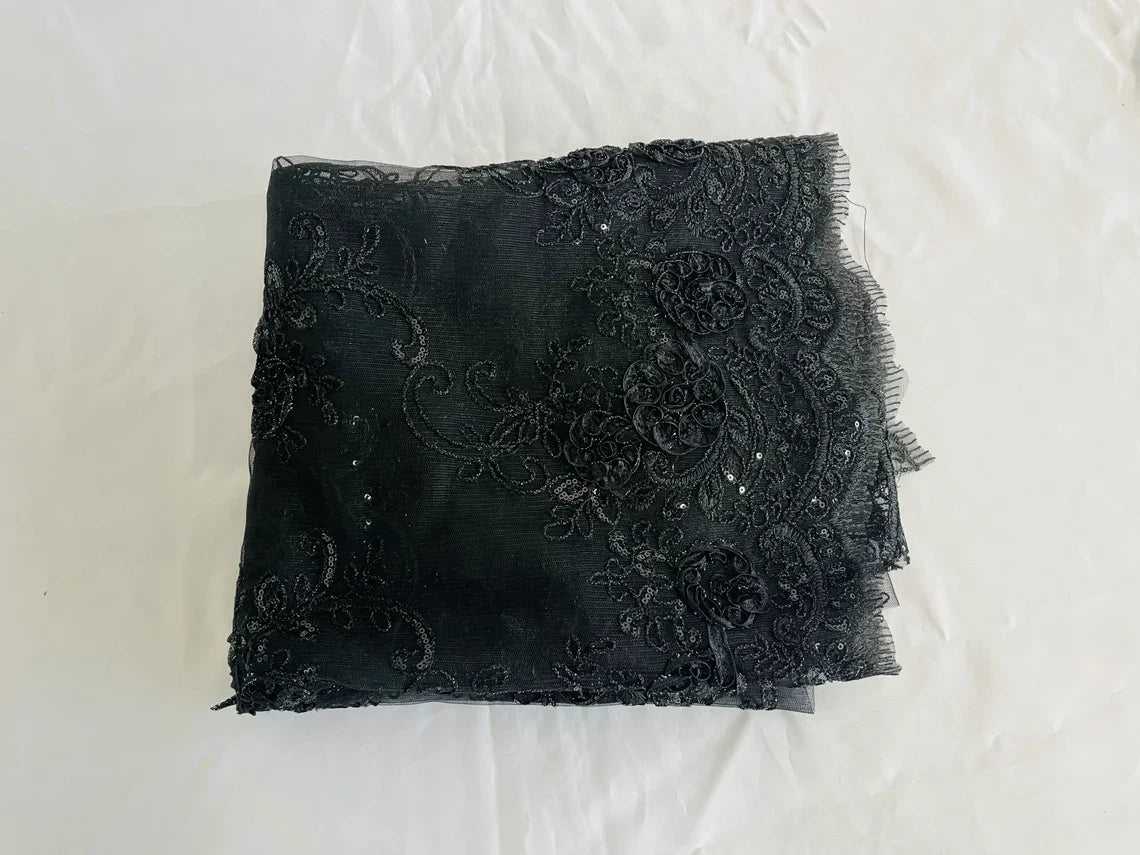 Flower Lace Fabric - Black - Embroidered Roses With Sequins on a Mesh Lace Fabric By Yard