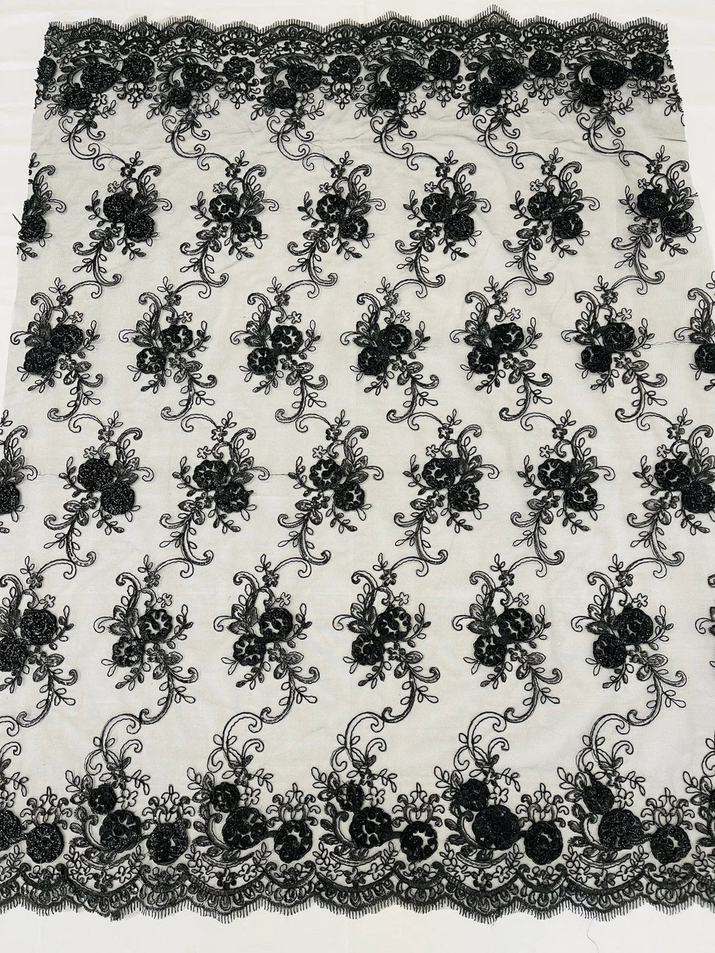 Flower Lace Fabric - Black - Embroidered Roses With Sequins on a Mesh Lace Fabric By Yard