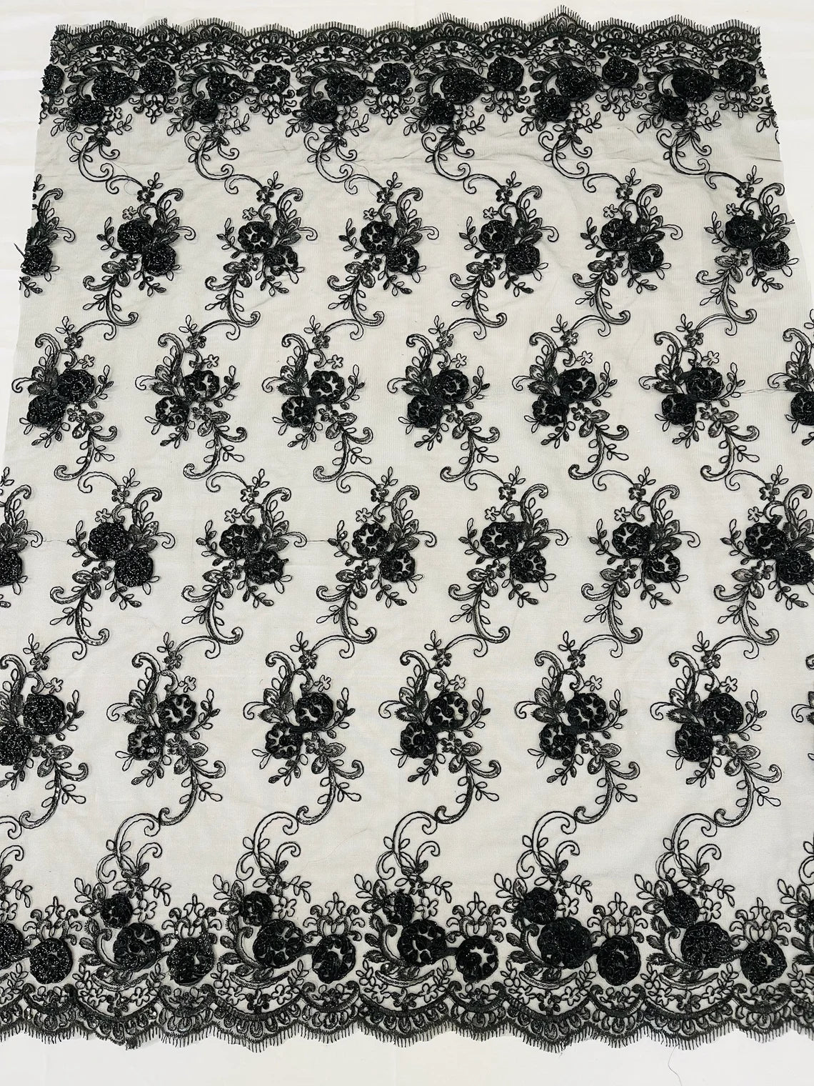 Flower Lace Fabric - Black - Embroidered Roses With Sequins on a Mesh Lace Fabric By Yard