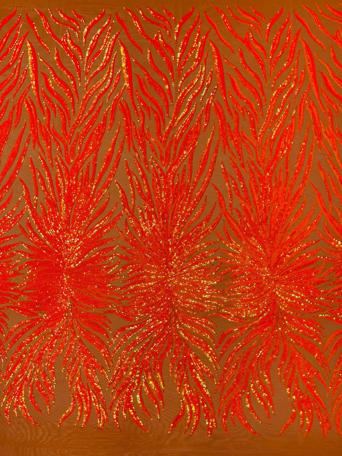 Angel Wing Sequin Design - Orange - Wing Patterns Embroidered with Sequins on Orange Mesh By Yard