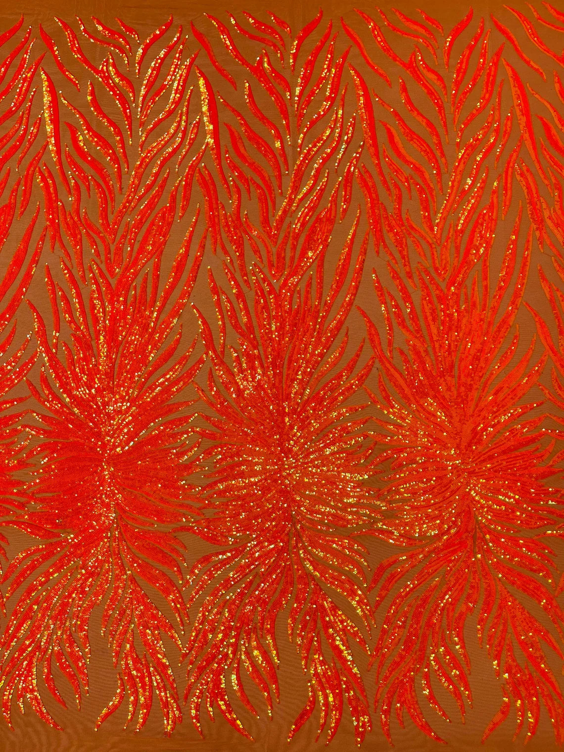 Angel Wing Sequin Design - Orange - Wing Patterns Embroidered with Sequins on Orange Mesh By Yard