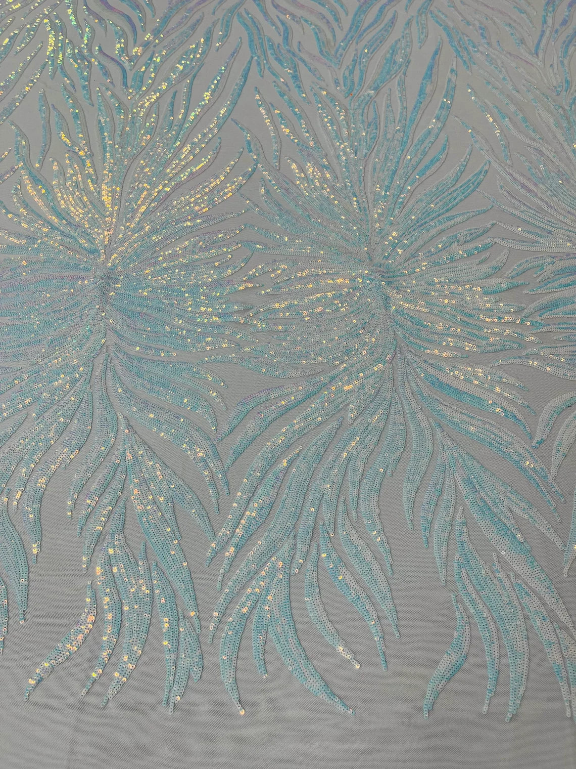 Angel Wing Sequin Design - Blue / White - Wing Patterns Embroidered with Sequins on Mesh Sold By Yard