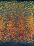 Angel Wing Sequin Design - Iridescent Orange - Wing Patterns Embroidered with Sequins on Black Mesh By Yard