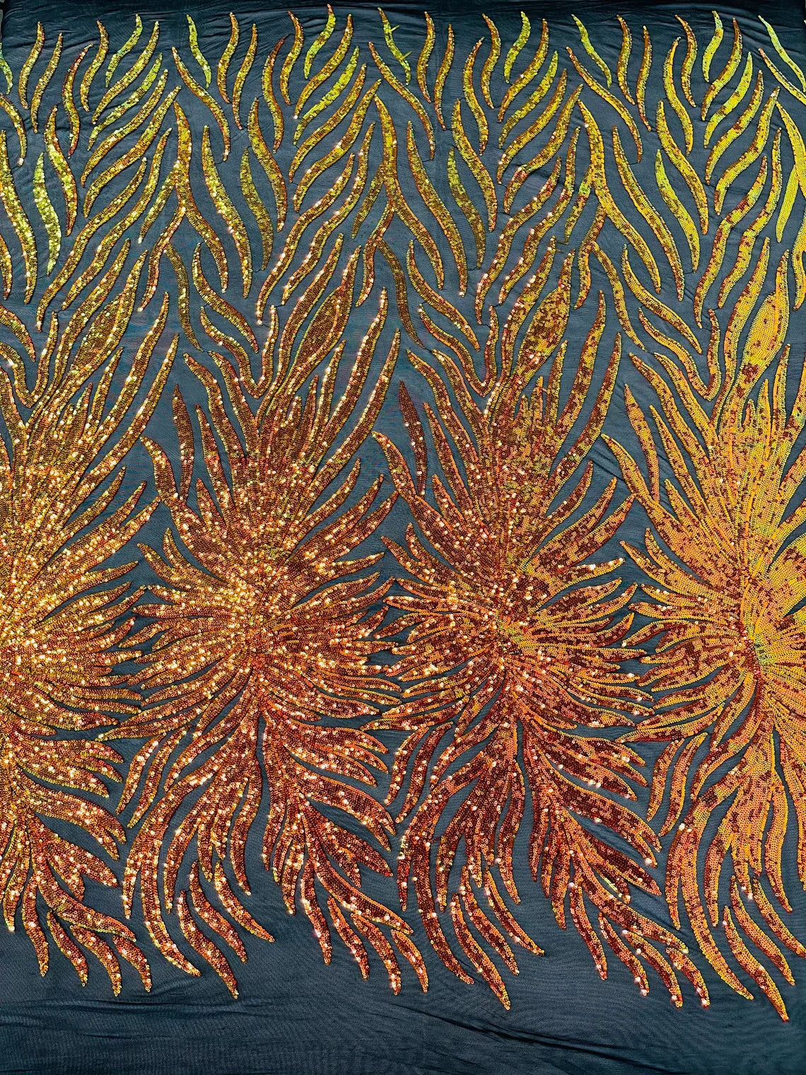 Angel Wing Sequin Design - Iridescent Orange - Wing Patterns Embroidered with Sequins on Black Mesh By Yard