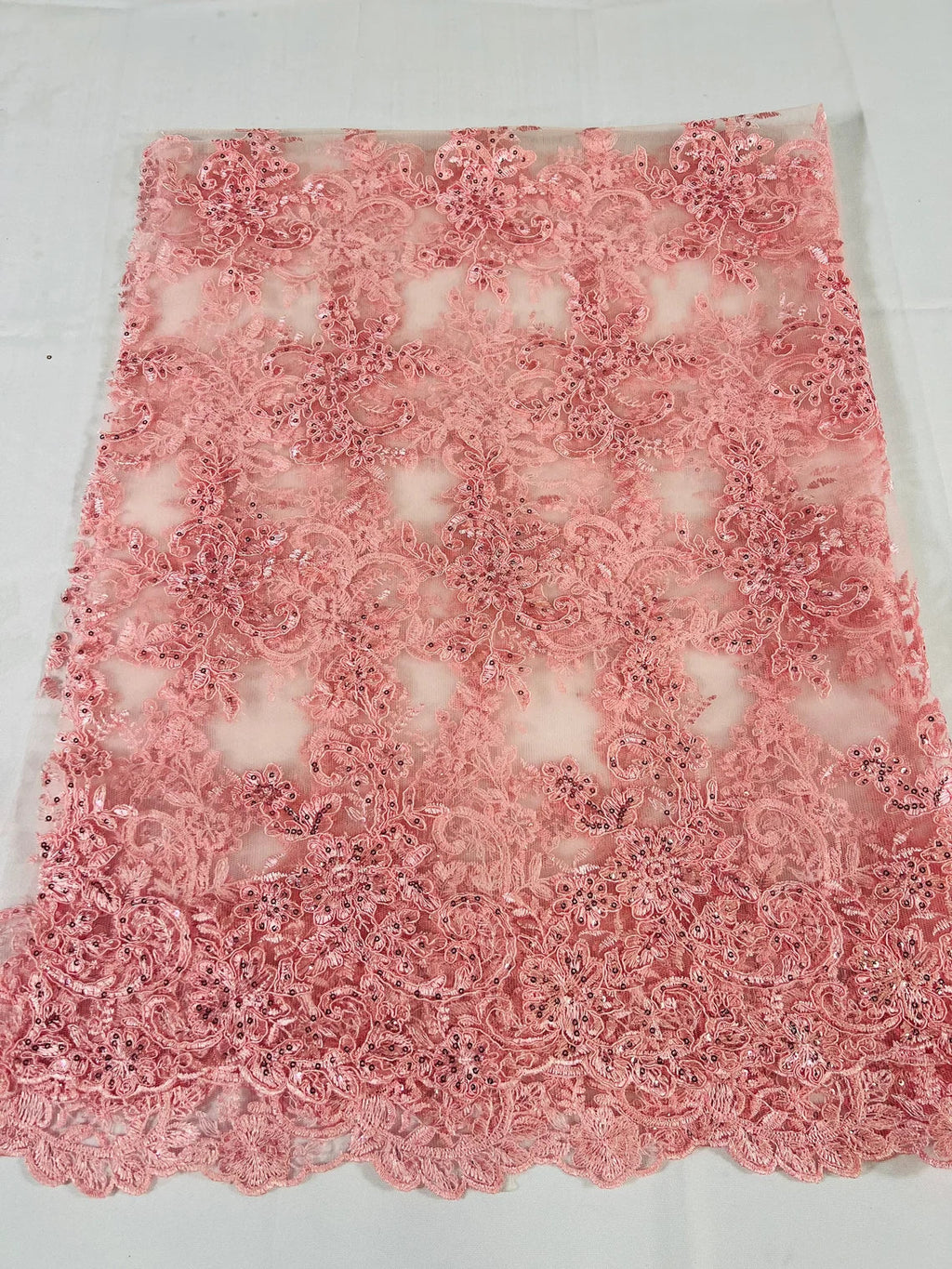 Lace Flower Cluster Fabric - Pink - Embroidered Flower With Sequins on a Mesh Lace Fabric By Yard