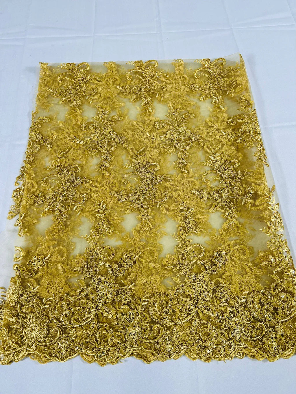 Lace Flower Cluster Fabric - Gold - Embroidered Flower With Sequins on a Mesh Lace Fabric By Yard